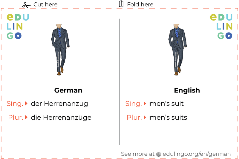 Men'S Suit in German vocabulary flashcard for printing, practicing and learning