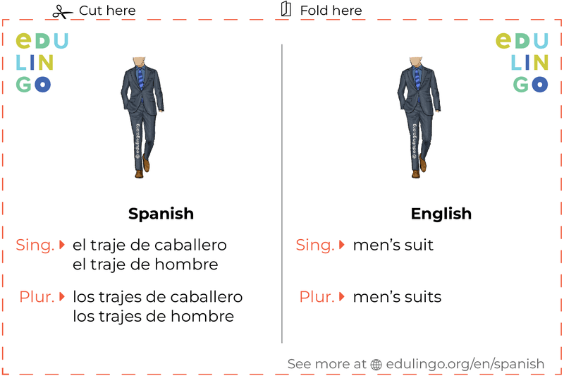 Men'S Suit in Spanish vocabulary flashcard for printing, practicing and learning