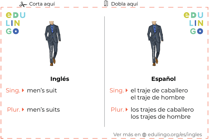 Ficha de Vocabulario Traje de caballero en inglés para imprimir, practicar y aprender