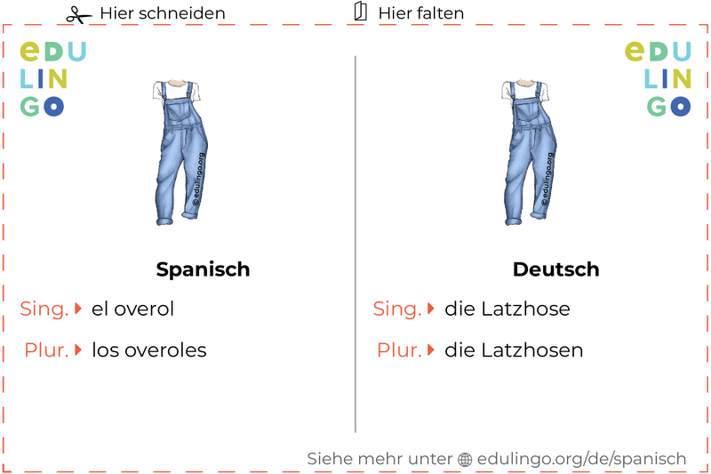 Latzhose auf Spanisch Vokabelkartei zum Ausdrucken, Üben und Lernen