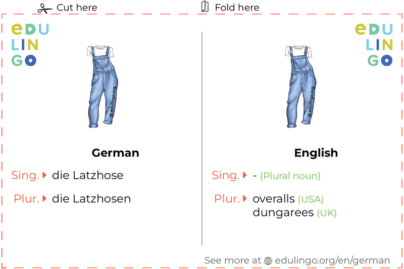 Overalls in German vocabulary flashcard for printing, practicing and learning