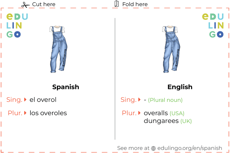 Overalls in Spanish vocabulary flashcard for printing, practicing and learning