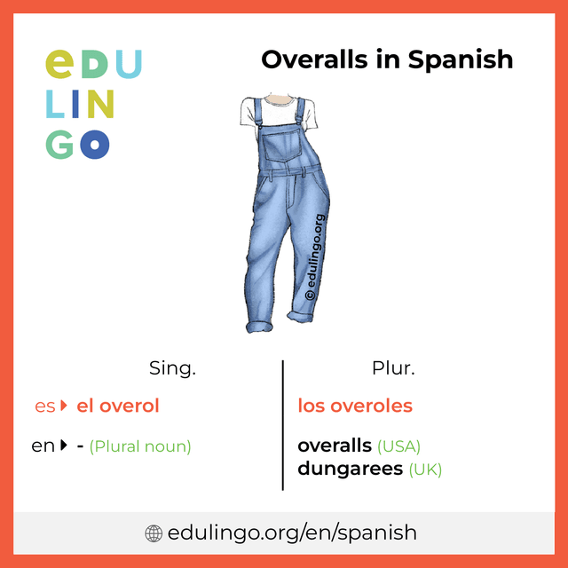 Overalls in Spanish vocabulary picture with singular and plural for download and printing