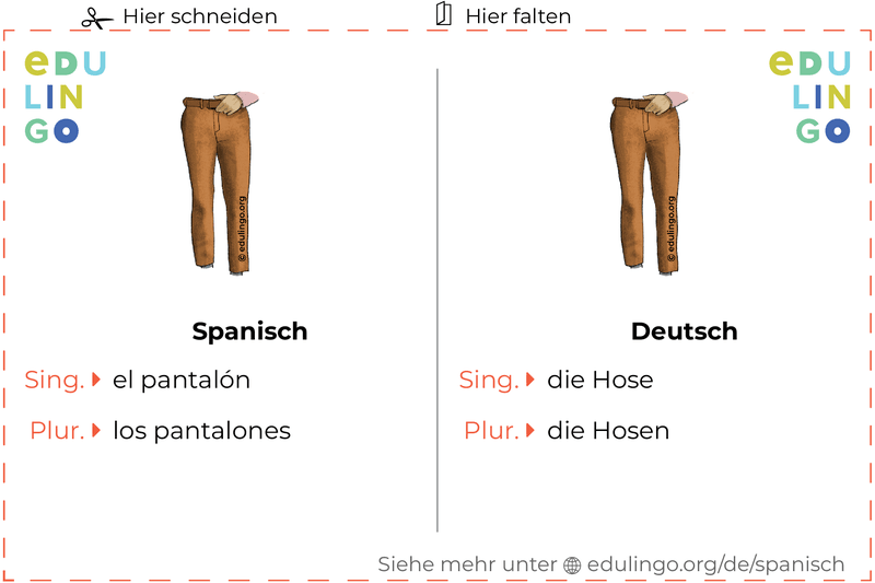 Hose auf Spanisch Vokabelkartei zum Ausdrucken, Üben und Lernen