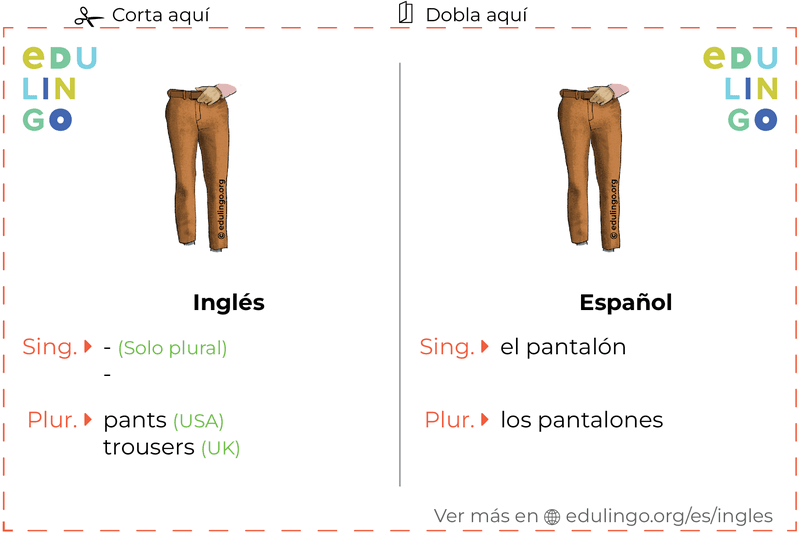 Ficha de Vocabulario Pantalón en inglés para imprimir, practicar y aprender