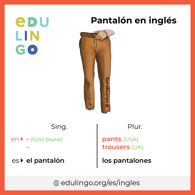 Imagen de vocabulario Pantalón en inglés con singular y plural para descargar e imprimir