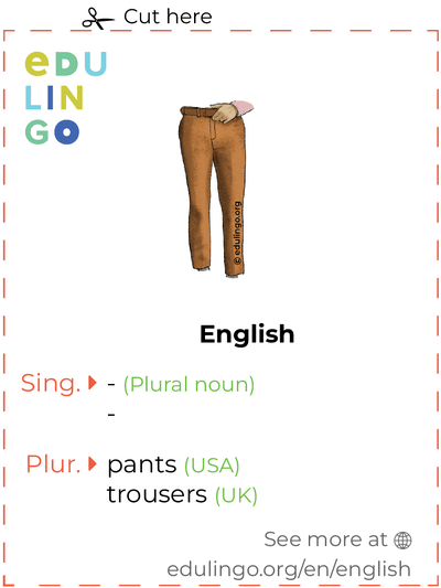 Pants in English vocabulary flashcard for printing, practicing and learning