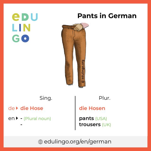Pants in German vocabulary picture with singular and plural for download and printing