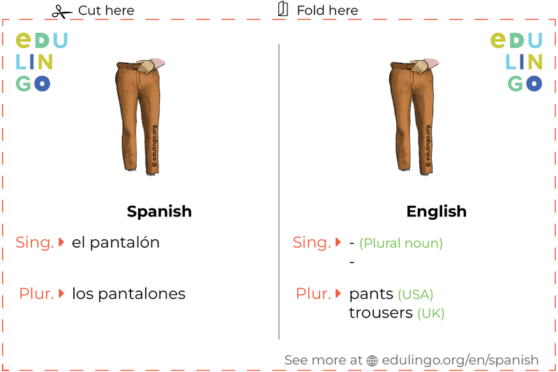 Pants in Spanish vocabulary flashcard for printing, practicing and learning