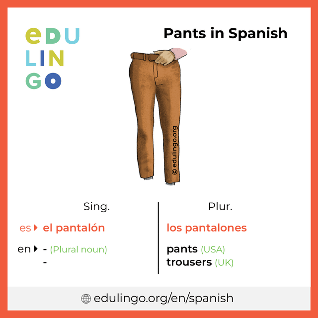 Pants in Spanish vocabulary picture with singular and plural for download and printing