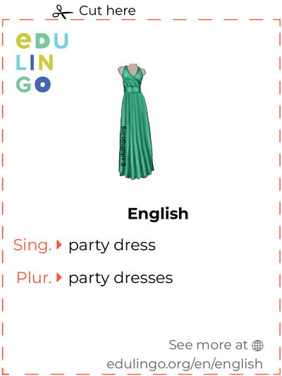 Party Dress in English vocabulary flashcard for printing, practicing and learning