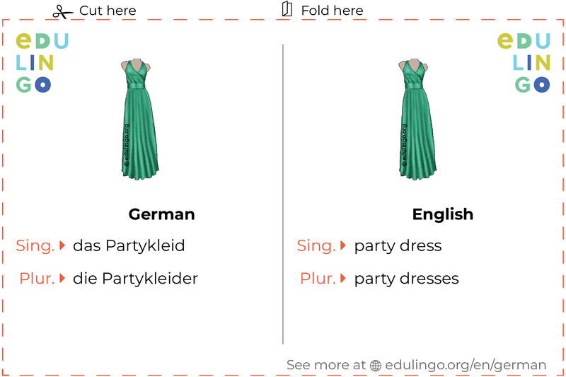 Party Dress in German vocabulary flashcard for printing, practicing and learning