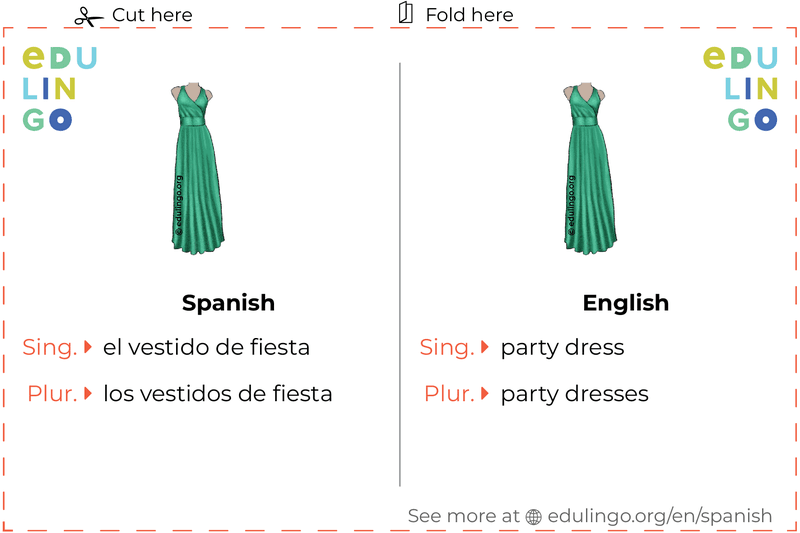 Party Dress in Spanish vocabulary flashcard for printing, practicing and learning