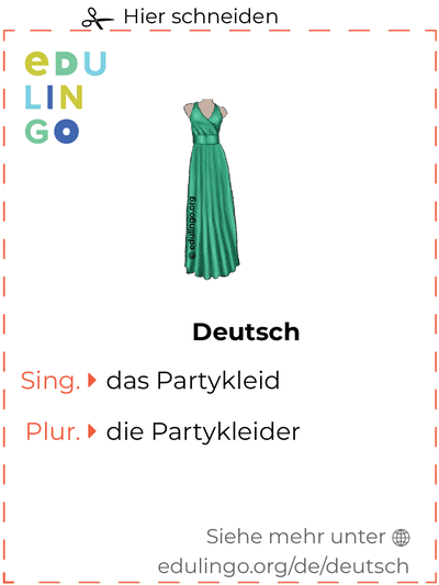 Partykleid auf Deutsch Vokabelkartei zum Ausdrucken, Üben und Lernen