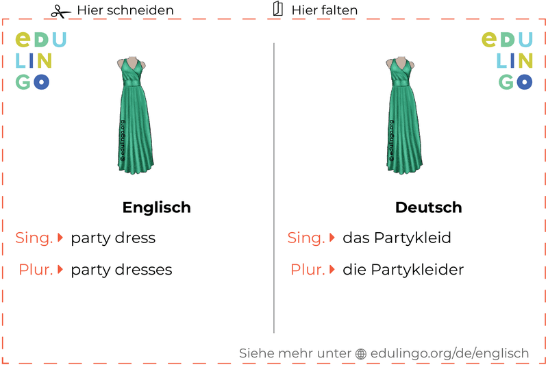 Partykleid auf Englisch Vokabelkartei zum Ausdrucken, Üben und Lernen