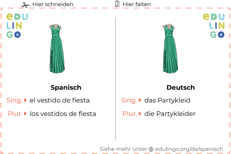 Partykleid auf Spanisch Vokabelkartei zum Ausdrucken, Üben und Lernen