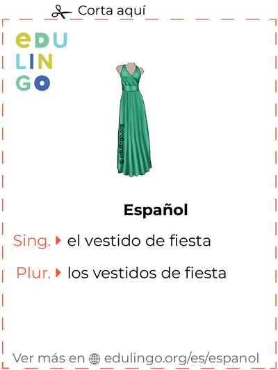 Ficha de Vocabulario Vestido de fiesta en español para imprimir, practicar y aprender