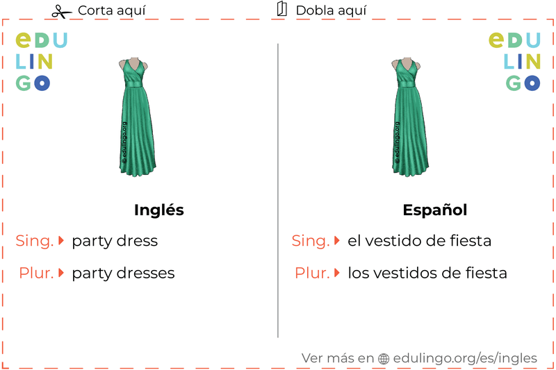 Ficha de Vocabulario Vestido de fiesta en inglés para imprimir, practicar y aprender
