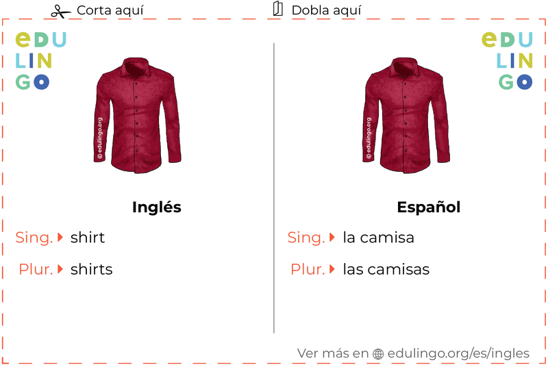Ficha de Vocabulario Camisa en inglés para imprimir, practicar y aprender