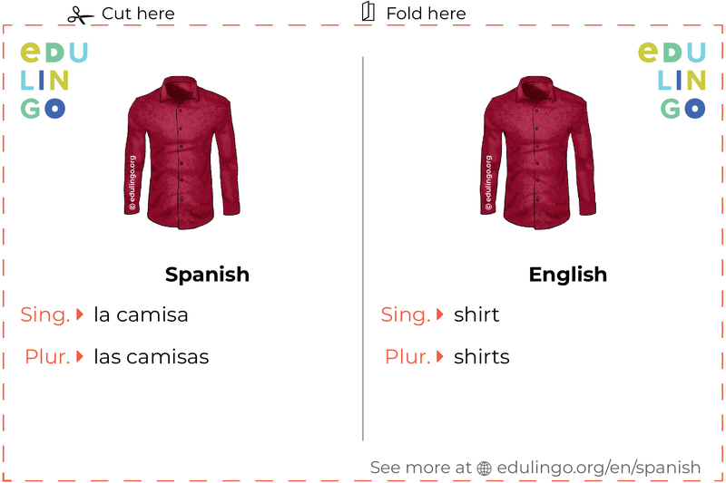 Shirt in Spanish vocabulary flashcard for printing, practicing and learning
