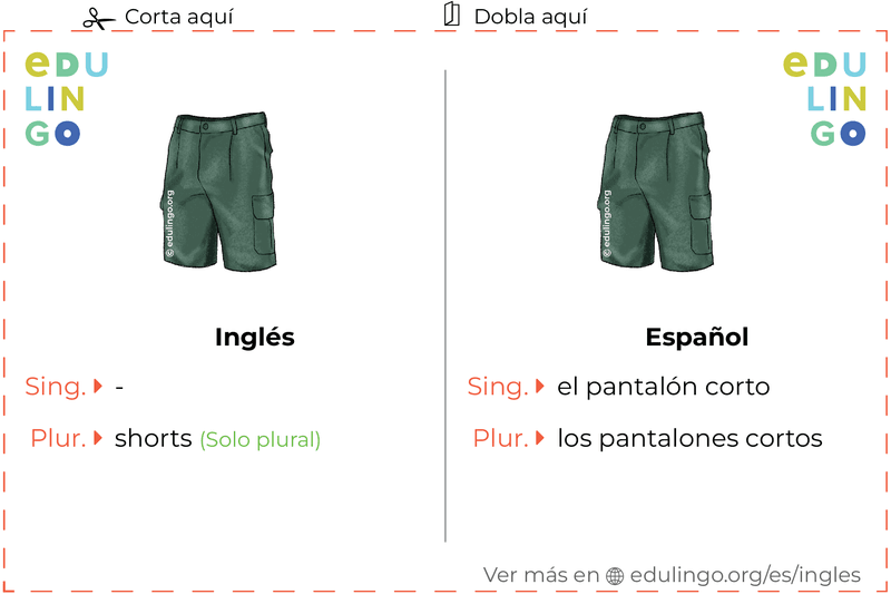 Ficha de Vocabulario Pantalón corto en inglés para imprimir, practicar y aprender
