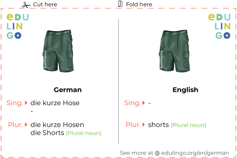 Shorts in German vocabulary flashcard for printing, practicing and learning