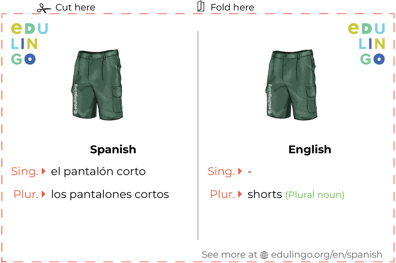 Shorts in Spanish vocabulary flashcard for printing, practicing and learning