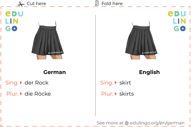 Skirt in German vocabulary flashcard for printing, practicing and learning