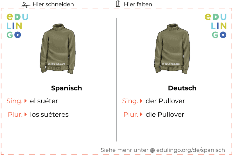 Pullover auf Spanisch Vokabelkartei zum Ausdrucken, Üben und Lernen