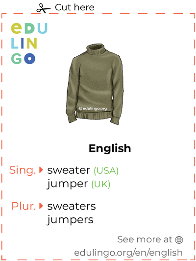 Sweater in English vocabulary flashcard for printing, practicing and learning