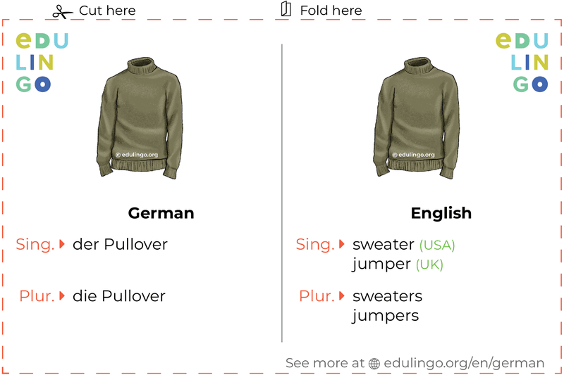 Sweater in German vocabulary flashcard for printing, practicing and learning