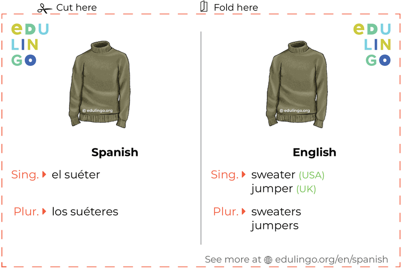 Sweater in Spanish vocabulary flashcard for printing, practicing and learning
