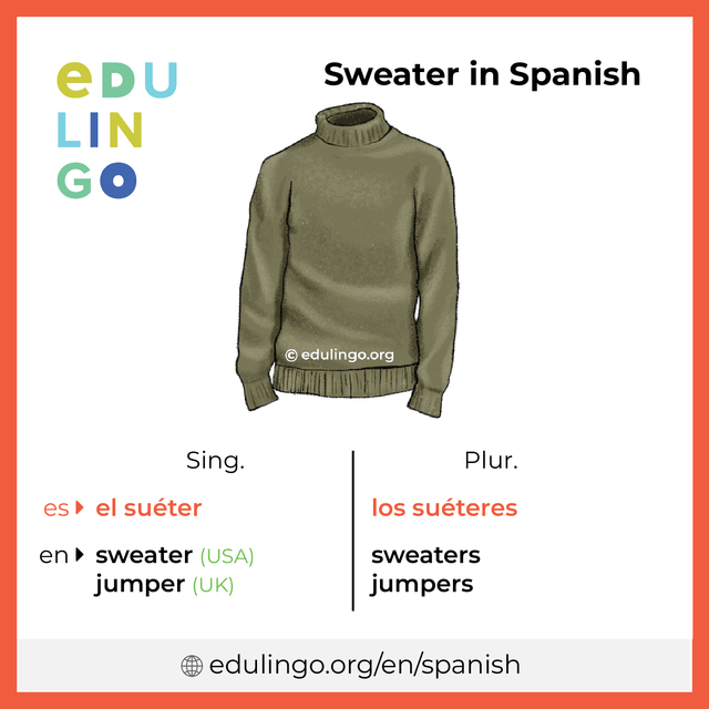 Sweater in Spanish vocabulary picture with singular and plural for download and printing