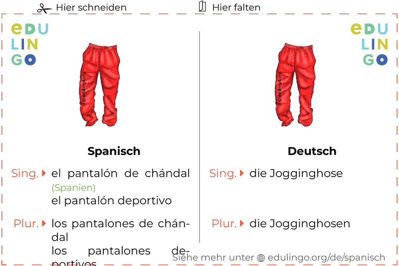 Jogginghose auf Spanisch Vokabelkartei zum Ausdrucken, Üben und Lernen