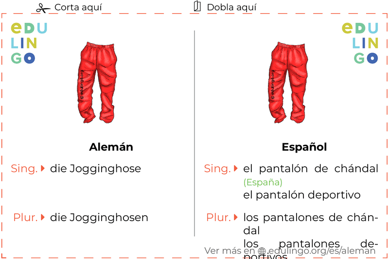Ficha de Vocabulario Pantalón de chándal en alemán para imprimir, practicar y aprender