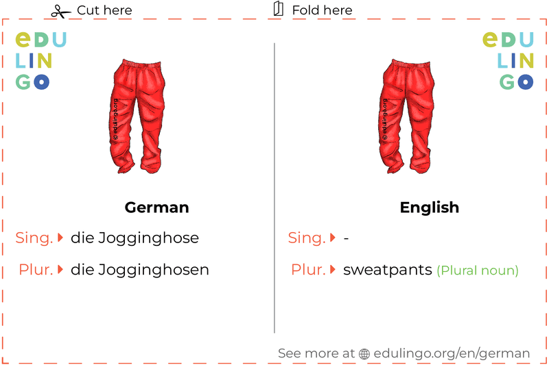 Sweatpants in German vocabulary flashcard for printing, practicing and learning