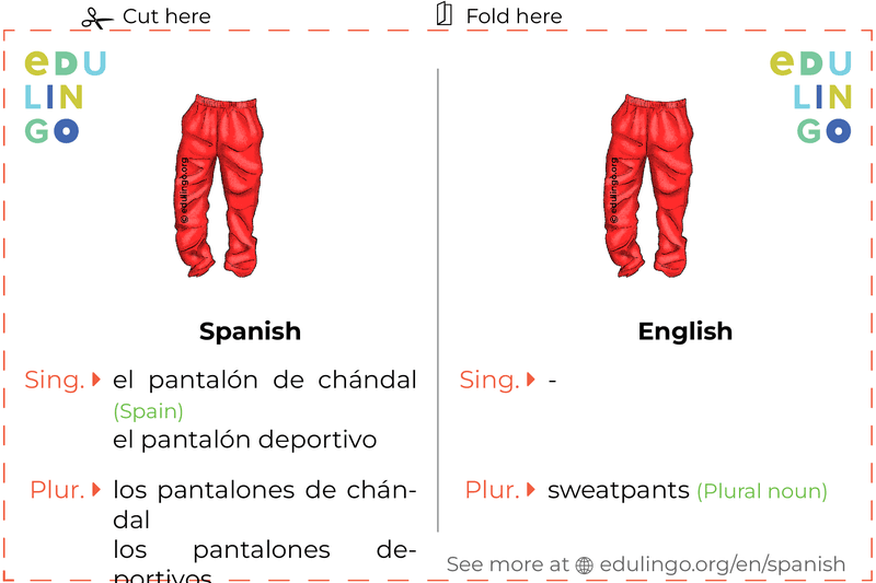 Sweatpants in Spanish vocabulary flashcard for printing, practicing and learning