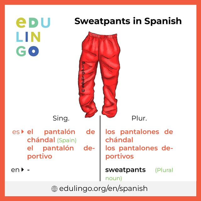 Sweatpants in Spanish vocabulary picture with singular and plural for download and printing