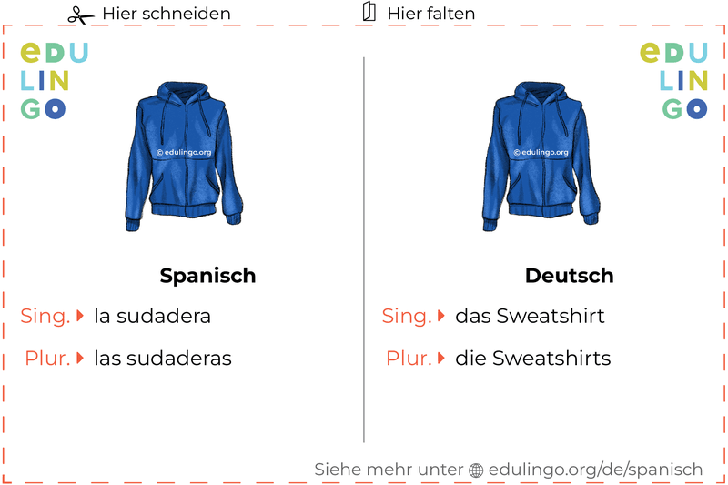 Sweatshirt auf Spanisch Vokabelkartei zum Ausdrucken, Üben und Lernen