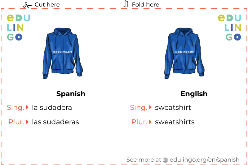Sweatshirt in Spanish vocabulary flashcard for printing, practicing and learning