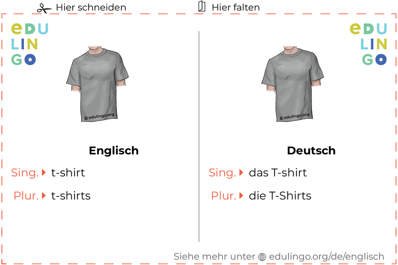 T-shirt auf Englisch Vokabelkartei zum Ausdrucken, Üben und Lernen