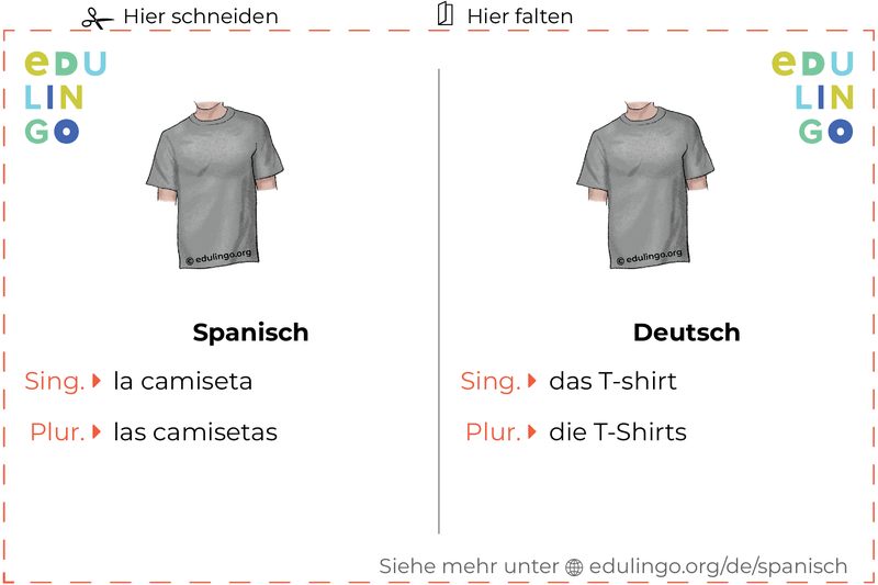 T-shirt auf Spanisch Vokabelkartei zum Ausdrucken, Üben und Lernen