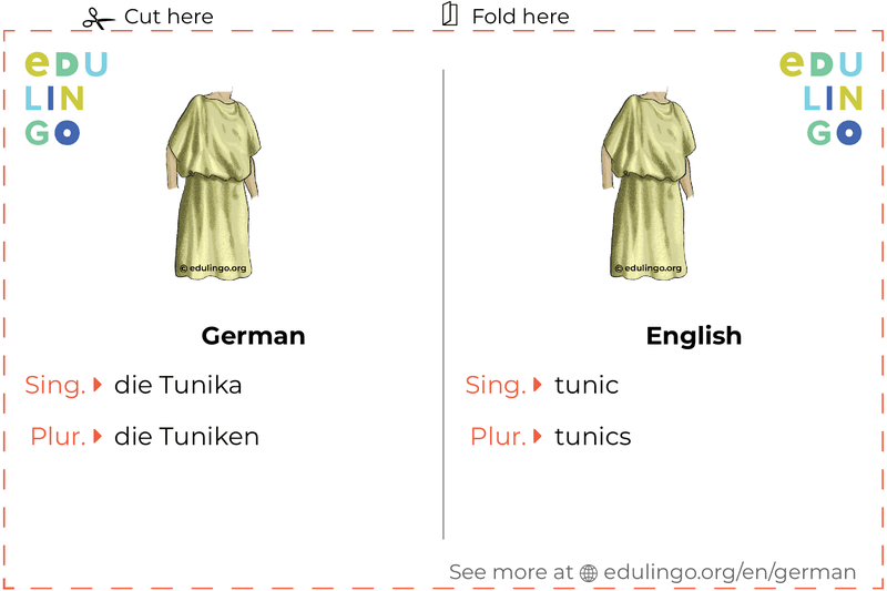 Tunic in German vocabulary flashcard for printing, practicing and learning