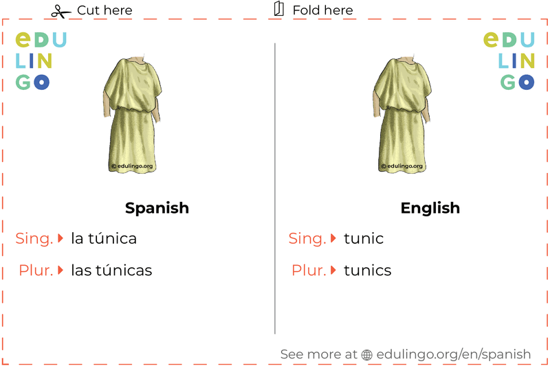 Tunic in Spanish vocabulary flashcard for printing, practicing and learning
