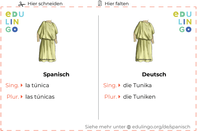 Tunika auf Spanisch Vokabelkartei zum Ausdrucken, Üben und Lernen
