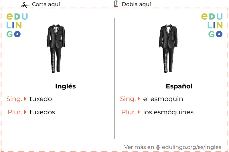 Ficha de Vocabulario Esmoquin en inglés para imprimir, practicar y aprender