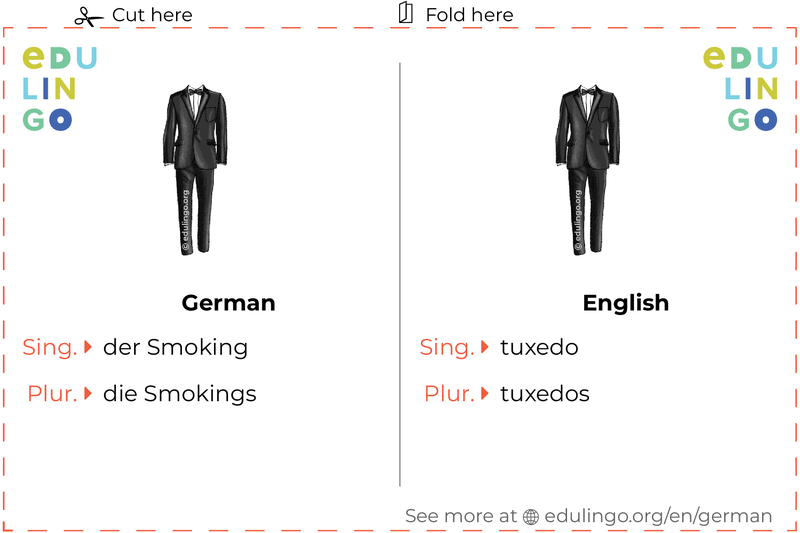 Tuxedo in German vocabulary flashcard for printing, practicing and learning