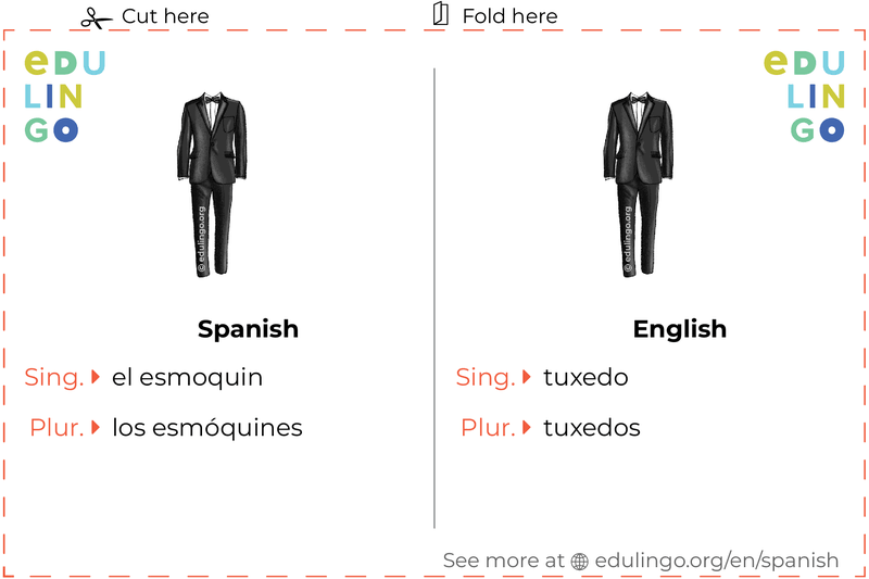 Tuxedo in Spanish vocabulary flashcard for printing, practicing and learning