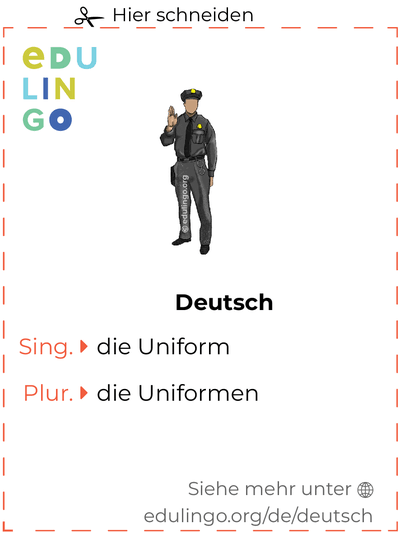 Uniform auf Deutsch Vokabelkartei zum Ausdrucken, Üben und Lernen