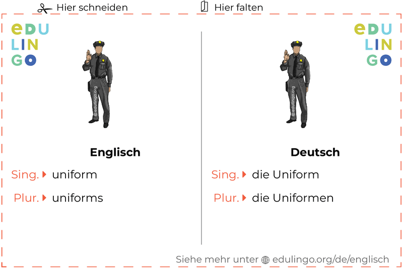 Uniform auf Englisch Vokabelkartei zum Ausdrucken, Üben und Lernen